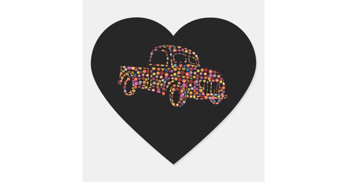 Old Pickup Truck Flower Pattern Heart Sticker | Zazzle