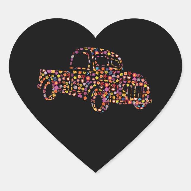 Old Pickup Truck Flower Pattern Heart Sticker (Front)