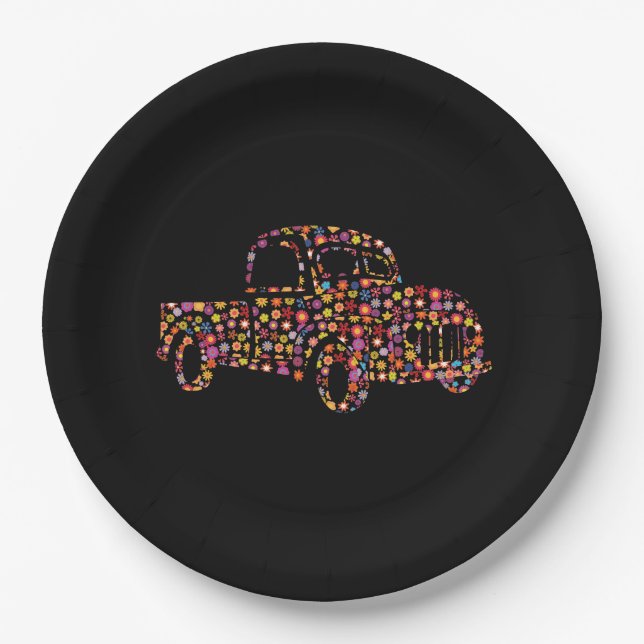 Old Pickup Truck Flower Pattern Paper Plates (Front)