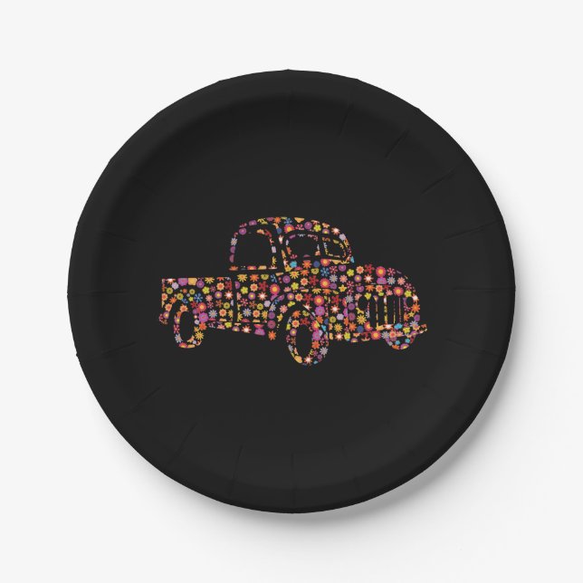 Old Pickup Truck Flower Pattern Paper Plates (Front)