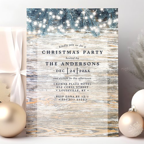 Old Pine Wood String Lights Rustic Christmas Party Invitation