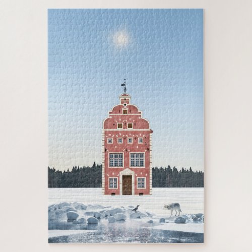 Old pink house winter snow taiga wolf hooded crow jigsaw puzzle