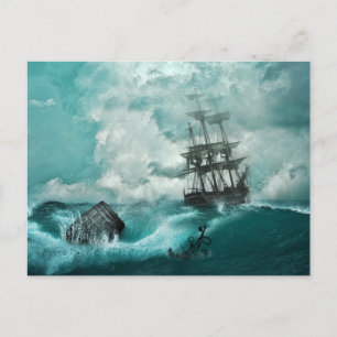 Old Pirate Ship Anchor Vibrant Blue Stormy Sea Postcard