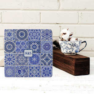 Old Pottery Tiles Painted in Blue - add initials Trivet