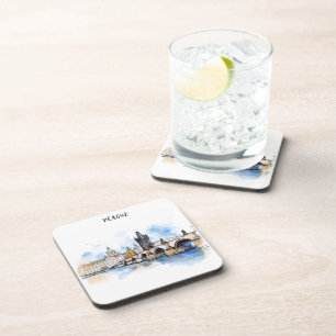 Old Prague, Charles bridge watercolor Beverage Coaster