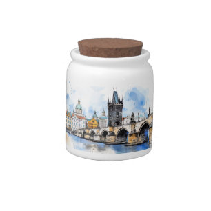 Old Prague, Charles bridge watercolor Candy Jar