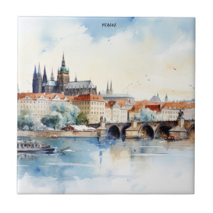 Old Prague, Charles bridge watercolor Ceramic Tile