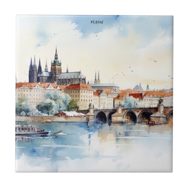 Old Prague, Charles bridge watercolor Ceramic Tile (Front)