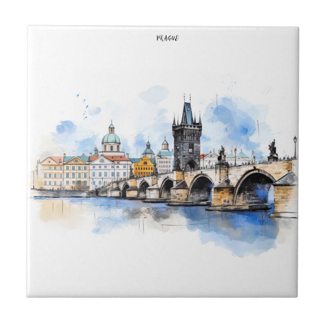 Old Prague, Charles bridge watercolor Ceramic Tile (Front)