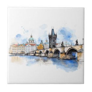 Old Prague, Charles bridge watercolor Ceramic Tile