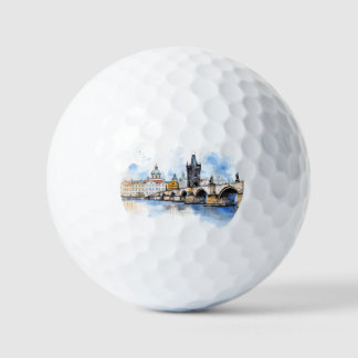 Old Prague, Charles bridge watercolor Golf Balls