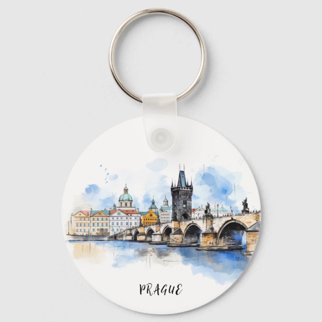 Old Prague, Charles bridge watercolor Keychain (Front)