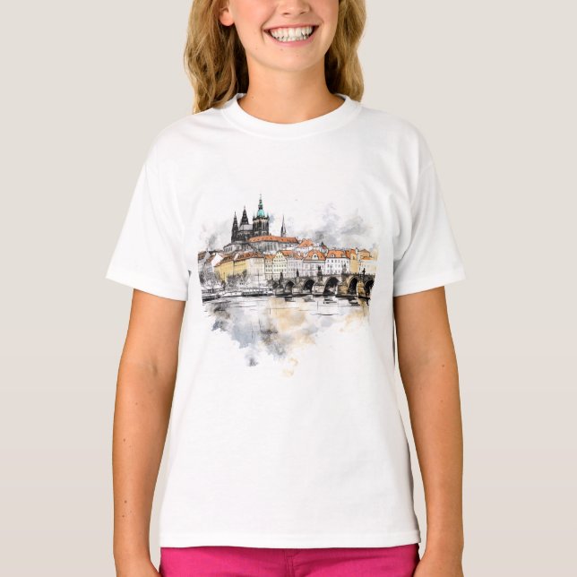Old Prague, Charles bridge watercolor T-Shirt (Front)