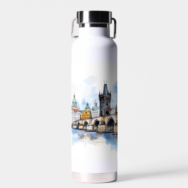 Old Prague, Charles bridge watercolor Water Bottle (Front)