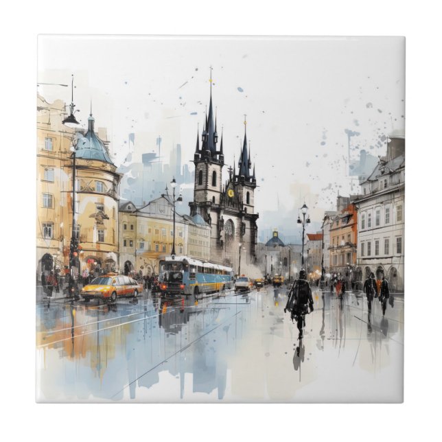 Old Prague watercolor Ceramic Tile (Front)