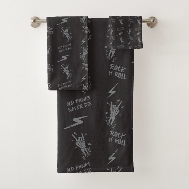 Old Punks Never Die Skeleton Rock On Gothic  Bath Towel Set (Insitu)