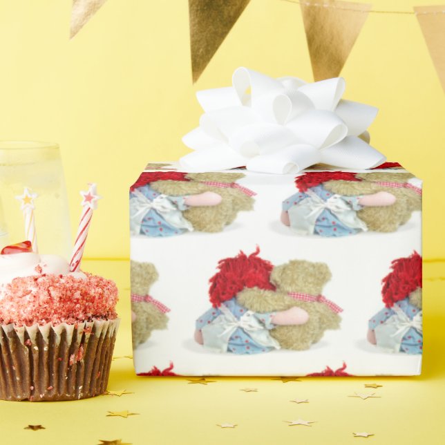 old rag doll and teddy bear hugging wrapping paper (Birthday Party)