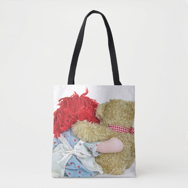 old rag with teddy bear tote bag (Front)