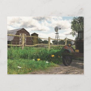 Old Red Barn and Rusty Truck Postcard