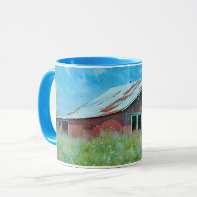 Old Red Barn Art Wildflowers Mug Cup (Front Left)