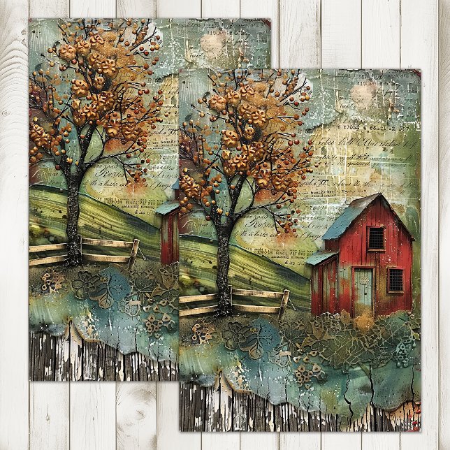 OLD RED BARN IN AUTUMN DECOUPAGE TISSUE PAPER (OLD RED BARN IN AUTUMN DECOUPAGE TISSUE PAPER)