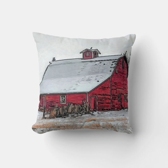 Old Red Barn In Snow Throw Pillow (Front)