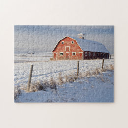 Old Red Barn in Winter Wonderland Jigsaw Puzzle