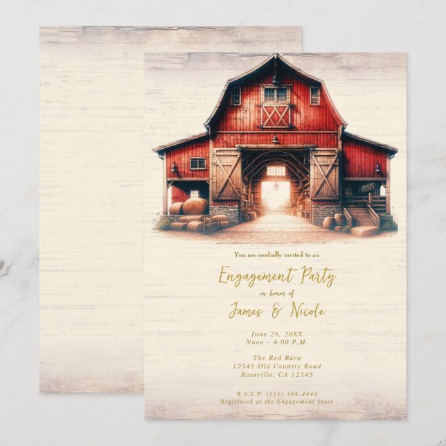 Old Red Barn Rustic Country Engagement Party Invitation (Front/Back)