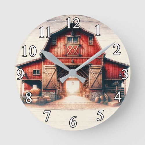 Old Red Barn Rustic Country  Round Clock