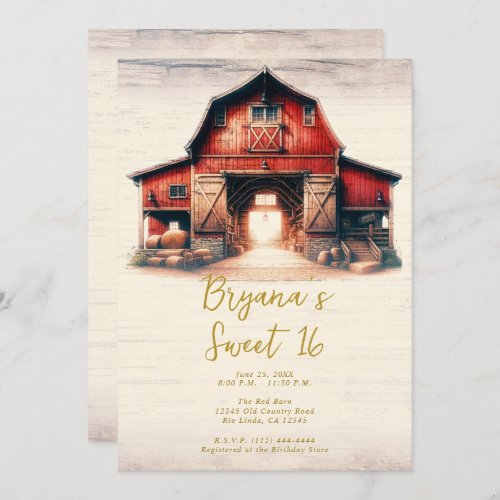 Old Red Barn Rustic Country Sweet 16 Party  Invitation