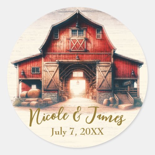 Old Red Barn Rustic Country Wedding Classic Round Sticker
