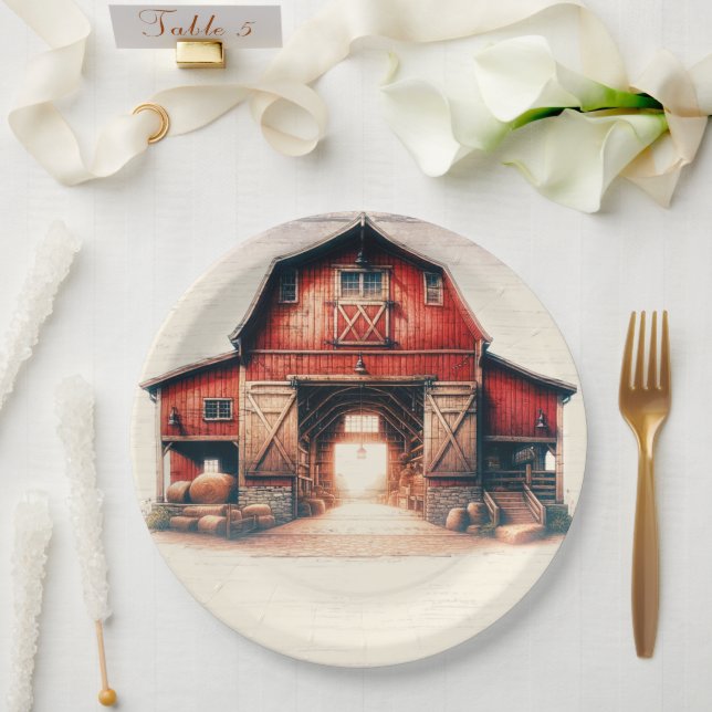 Old Red Barn Rustic Country Wedding Paper Plates (Wedding)