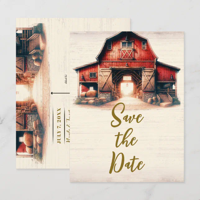 Old Red Barn Rustic Country Wedding Save the Date Announcement Postcard ...