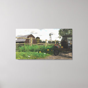 Old Red Barn & Rusty Truck Wrapped Canvas Print