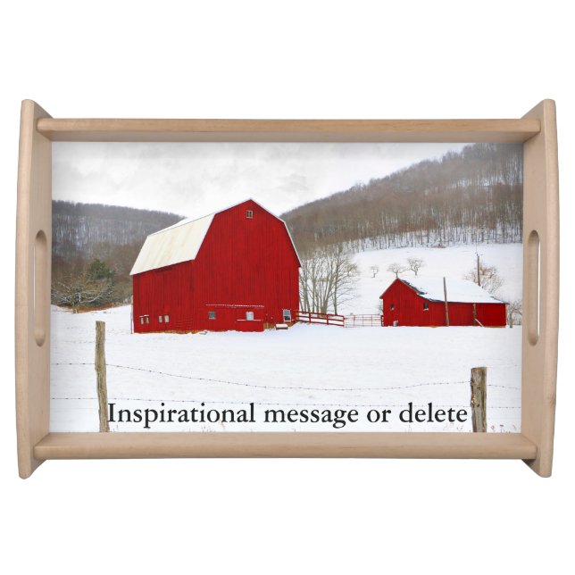 Old Red Barn Snowy Winter Country Farm Serving Tray (Front)