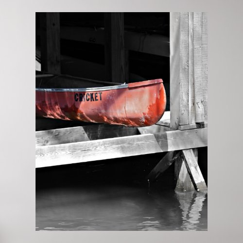 Old Red Canoe in a Wooden Boat House Poster