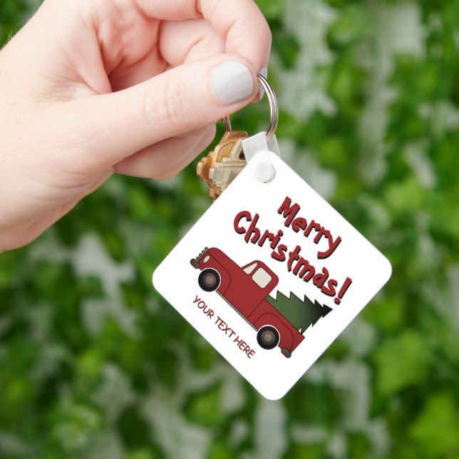 Old red chevy truck and Christmas tree custom Keychain (Hand)