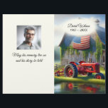 Old Red Farm Tractor Funeral Flyer<br><div class="desc">Old red farm tractor by a rustic wooden barn with an American flag for a funeral or memorial service.
All text and personal photo can be changed.</div>