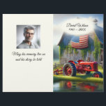Old Red Farm Tractor Funeral Flyer<br><div class="desc">Old red farm tractor by a rustic wooden barn with an American flag for a funeral or memorial service.
All text and personal photo can be changed.</div>