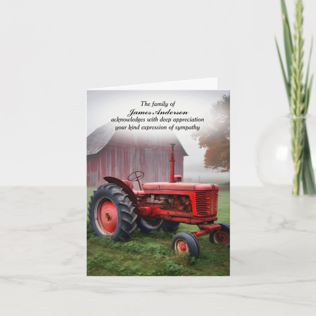 Old Red Farm Tractor Sympathy Thank You Card (Front)