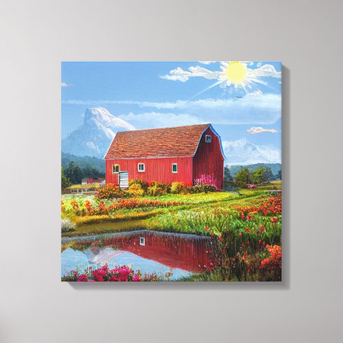Old Red Rustic Barn Mountains Pond  Canvas Print