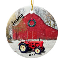 Old Red Tractor Christmas  Ceramic Ornament