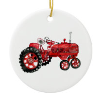 Old red tractor drawing card ceramic ornament