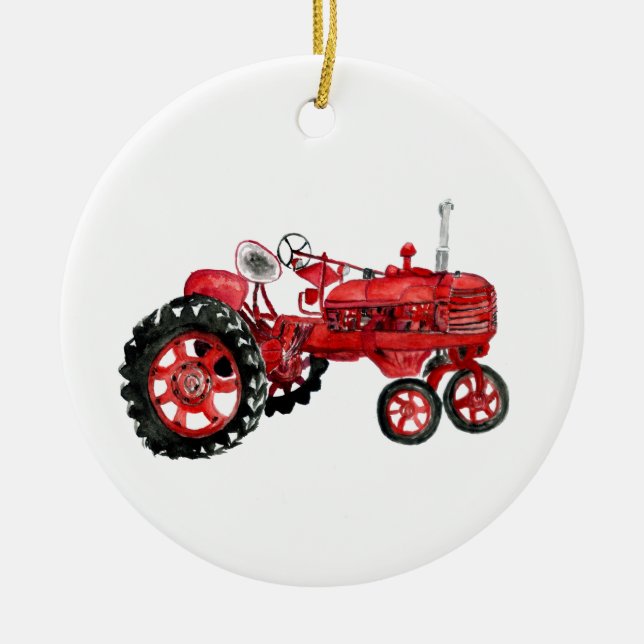 Old red tractor drawing card ceramic ornament (Front)