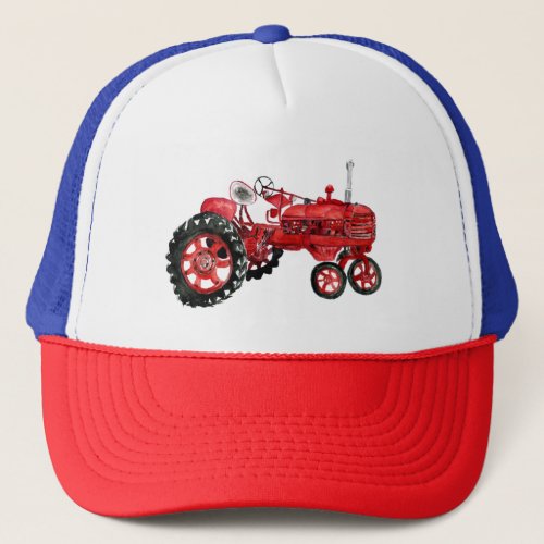 Old red tractor drawing trucker hat