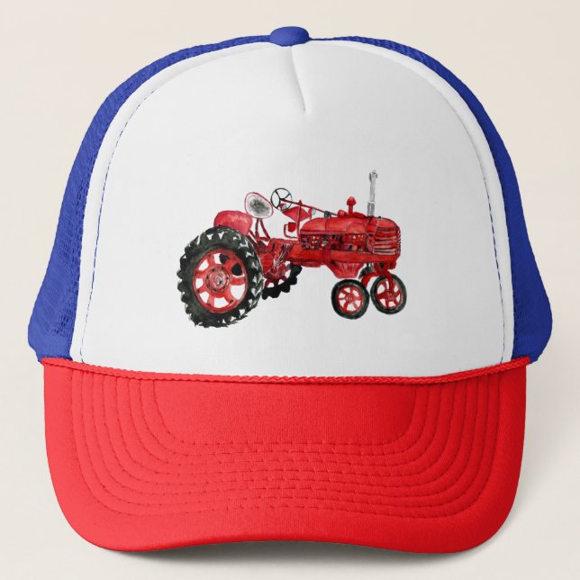 Old red tractor drawing trucker hat (Front)