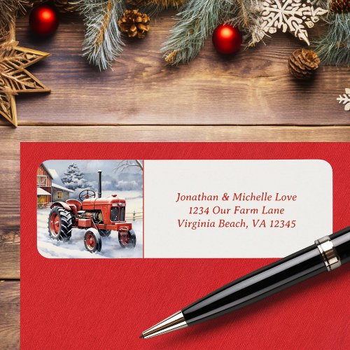 Old Red Tractor Snowy Winter Farm Address Label