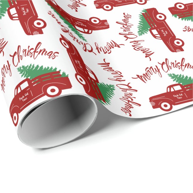 Old Red Truck Fresh Cut Trees Merry Christmas Wrapping Paper (Roll Corner)