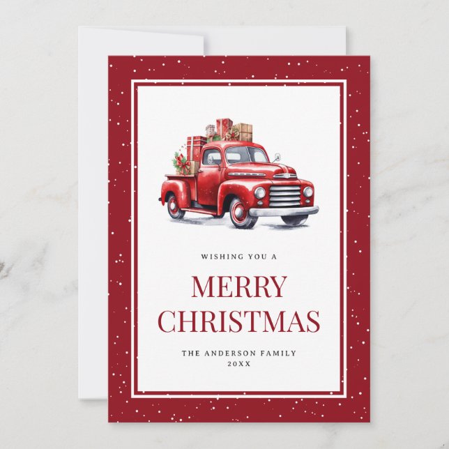 Old Red Truck Gifts Snowy Merry Christmas Card (Front)