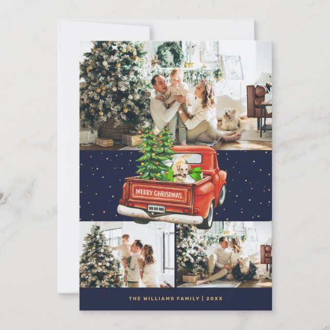 Old Red Truck Labrador Dog Blue Photo Christmas Holiday Card (Front)